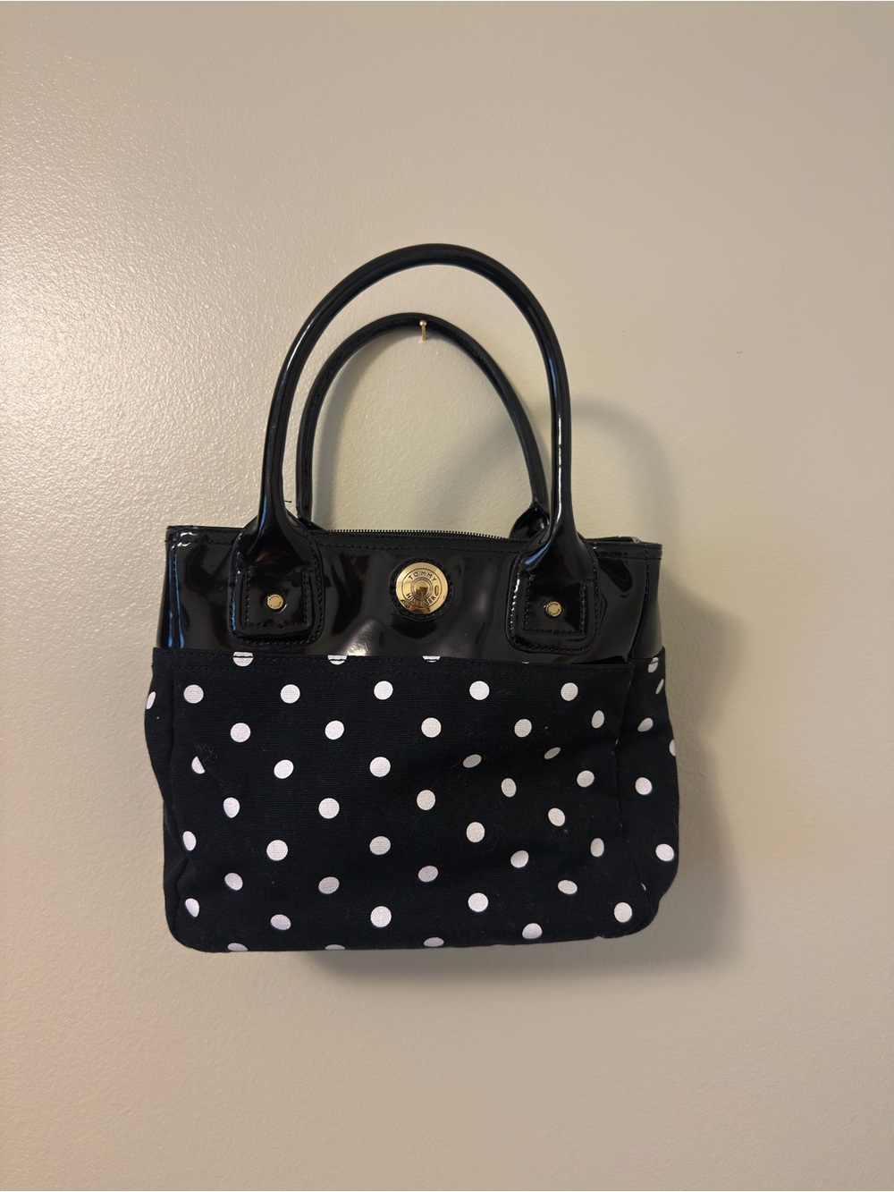 Tommy Hilfiger Black and White Polka Dot Tote with Patent Trim and Gold Accent